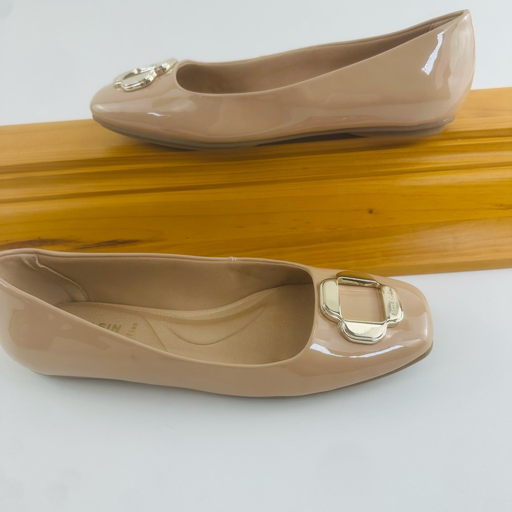 Anne Klein Nude Patent Ballet Flats with Gold Buckle